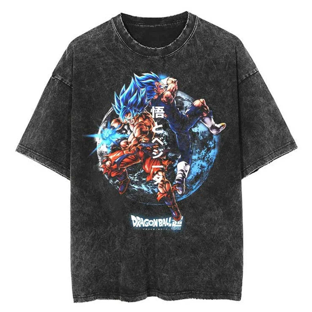 Men Streetwear Washed T Shirt Japanese Anime Dragon Ball Print T-Shirt Harajuku Cotton Casual Tshirt Summer Short Sleeve Tops