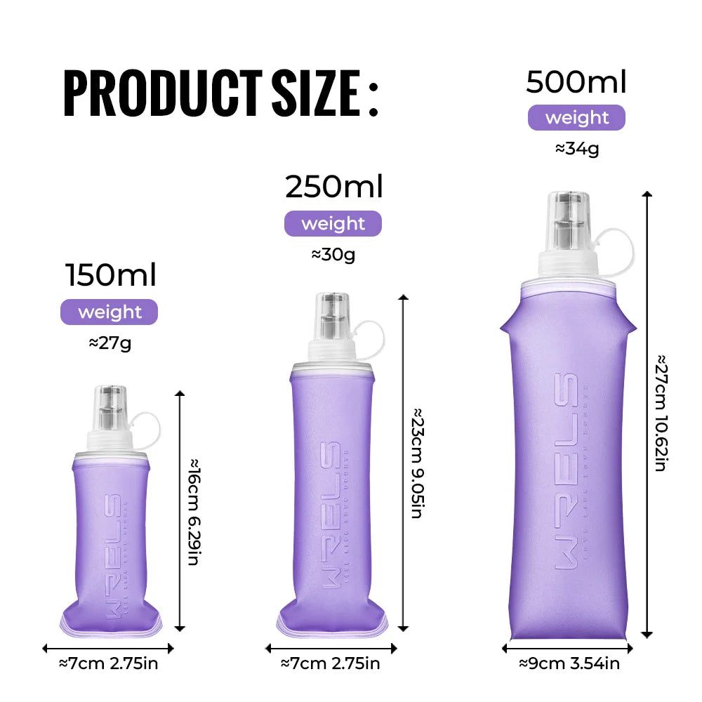 WRELS Soft Water Bottle Collapsible Soft Flask TPU Running Water Bottle Foldable Water Bag BPA-Free Sports Soft Water Flask