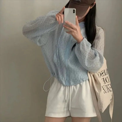 Casual Polka Dot Sun Protection Jacket Loose Fit Thin Hooded Jacket Breathable Long Bubble Sleeve Quick Dry Jacket
