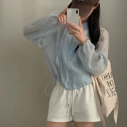 Casual Polka Dot Sun Protection Jacket Loose Fit Thin Hooded Jacket Breathable Long Bubble Sleeve Quick Dry Jacket