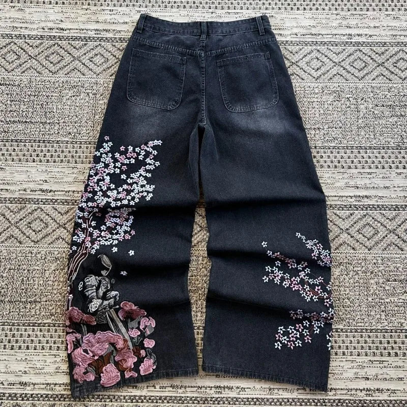 Y2K Vintage Baggy Fallen Knight Cherry Blossom Embroidery Jeans Men Women Fashion Straight Wide-leg Denim Pants Streetwear Jean