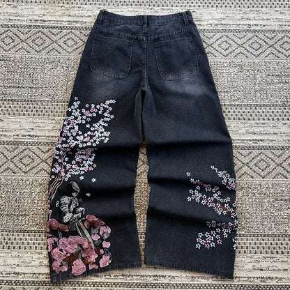 Y2K Vintage Baggy Fallen Knight Cherry Blossom Embroidery Jeans Men Women Fashion Straight Wide-leg Denim Pants Streetwear Jean