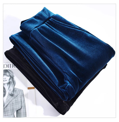 Korean style blue velvet wide leg pants for women in spring and autumn, high-end fashion, loose fit, plus size casual pants