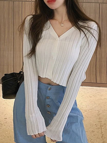 Women's Acrylic Long Sleeve V-Neck Button-Down Slim Cropped Ribbed Knit Cardigan Thin Solid Stretch Crop Top Knitwear