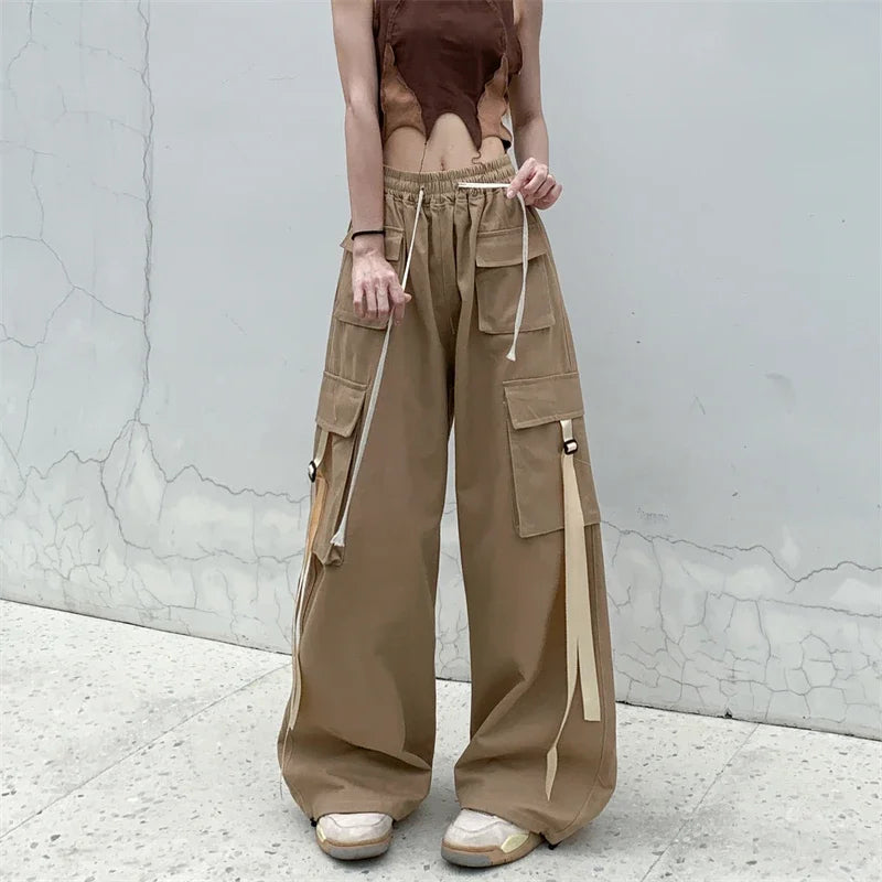 High Quality 2025 Cotton High Street Cargo Pants for Women Men with Ribbon High Waist Wide Leg Hip-hop Cool Dances Pants Ladies
