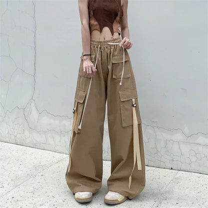 High Quality 2025 Cotton High Street Cargo Pants for Women Men with Ribbon High Waist Wide Leg Hip-hop Cool Dances Pants Ladies