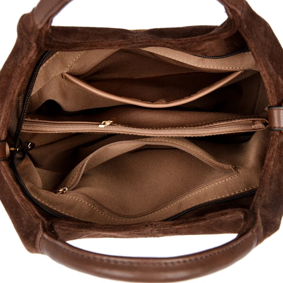 Faux Suede Handbags - Soft Casual Messenger Bag with Zipper Closure for Women