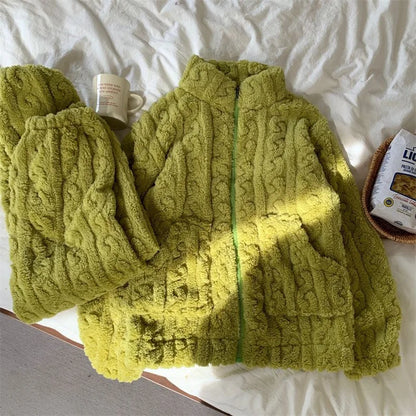 Autumn Winter Sweet Coral Fleece Pajamas Women Fleece-lined Thickened 2023 New Zip-up Flannel Warm Home Wear Set