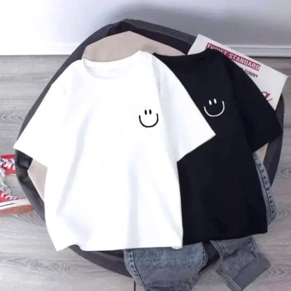 Girls Smiling Face T-Shirt Soft Cotton Loose Fit Kids Tees Summer Kawaii Casual Short Sleeve Top