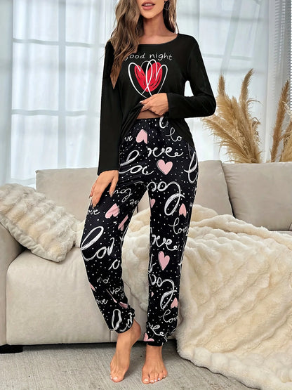 Spring Summer Autumn Winter Women's Round-neck Pullover with Heart Pattern Long-Sleeved Pants for Casual Homewear Set of 2 Piece