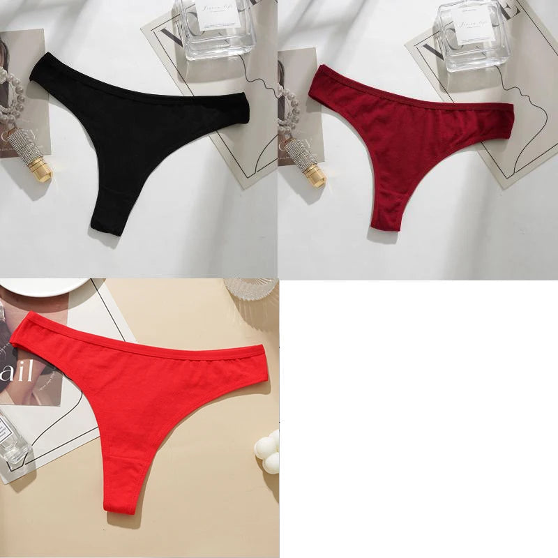 3PCS Cotton Blends T-back Briefs Women's Sexy Low rise Thong Panties L-2XL Plus Size  Simple Breathable Underwear Solid Panty