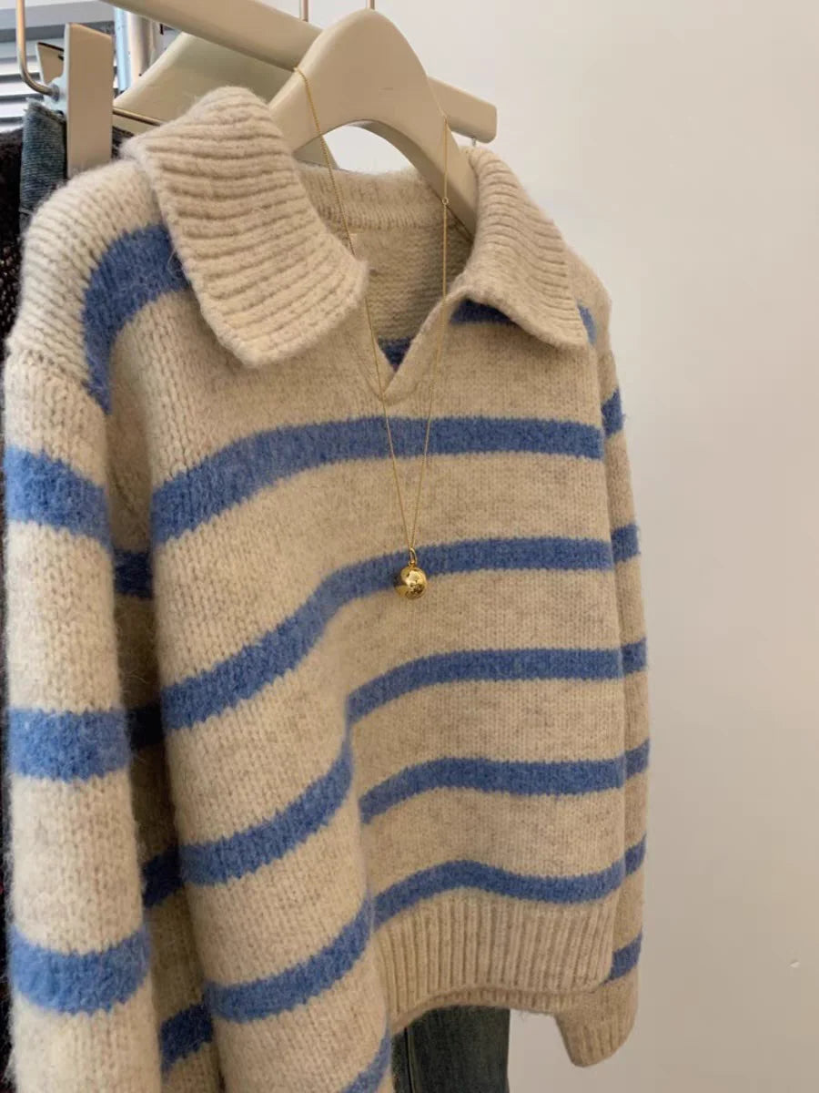 Blue Striped Soft Thickened  Neck Sweater Women's Autumn Winter Loose Fit Overhead Knitted Shirt Small Size Turn-down Collar