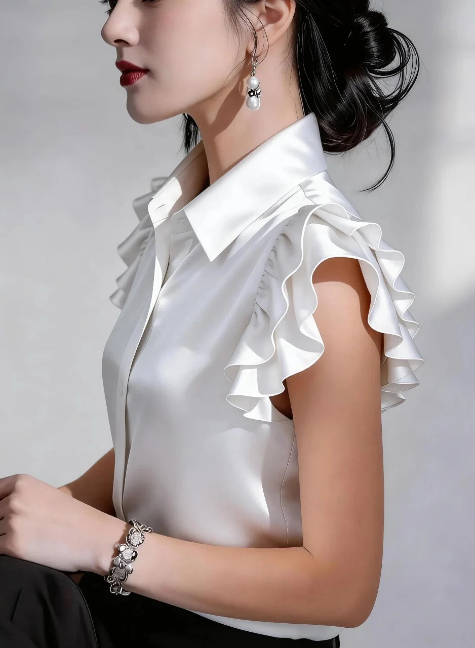 Elegant Satin Button Down Shirt for Women Ruffle Sleeve Collared Office Work Blouse