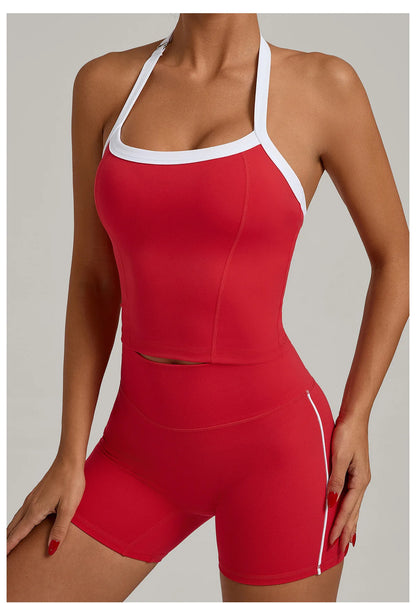 Fashion Patchwork Skinny Shorts Set Gym Women Workout Clothing Summer Sleeveless Backless Fitness Sport Suit Women Sportwear Red