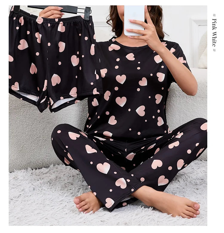 Women's Pajamas Home Suit Soft Comfort Nightwear Loungewear Autumer Crew Neck Tops and Shorts Pajama Pants 3 Piece Pyjama Femme