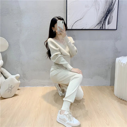 Elegant Tracksuit Sexy Two Piece Set Women Korean Style Ribbed Knitted Backless Top And Long Harem Pant Suit Autumn Outfits y2k
