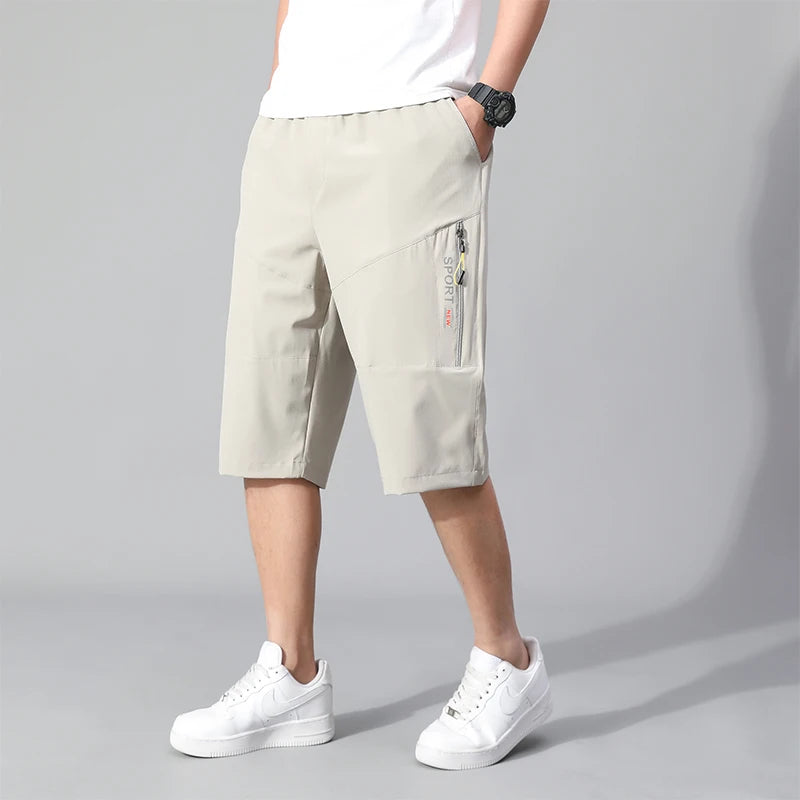 Mens Cargo Shorts - Knee Length Cotton Shorts With Zipper Pockets & Elastic Waist