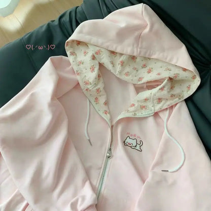 Harajuku Korean  Kawaii Hooded Coat Women Thin Long Sleeve Zipper Cardigan Y2K Streetwear New Mid-length Loose Jackets