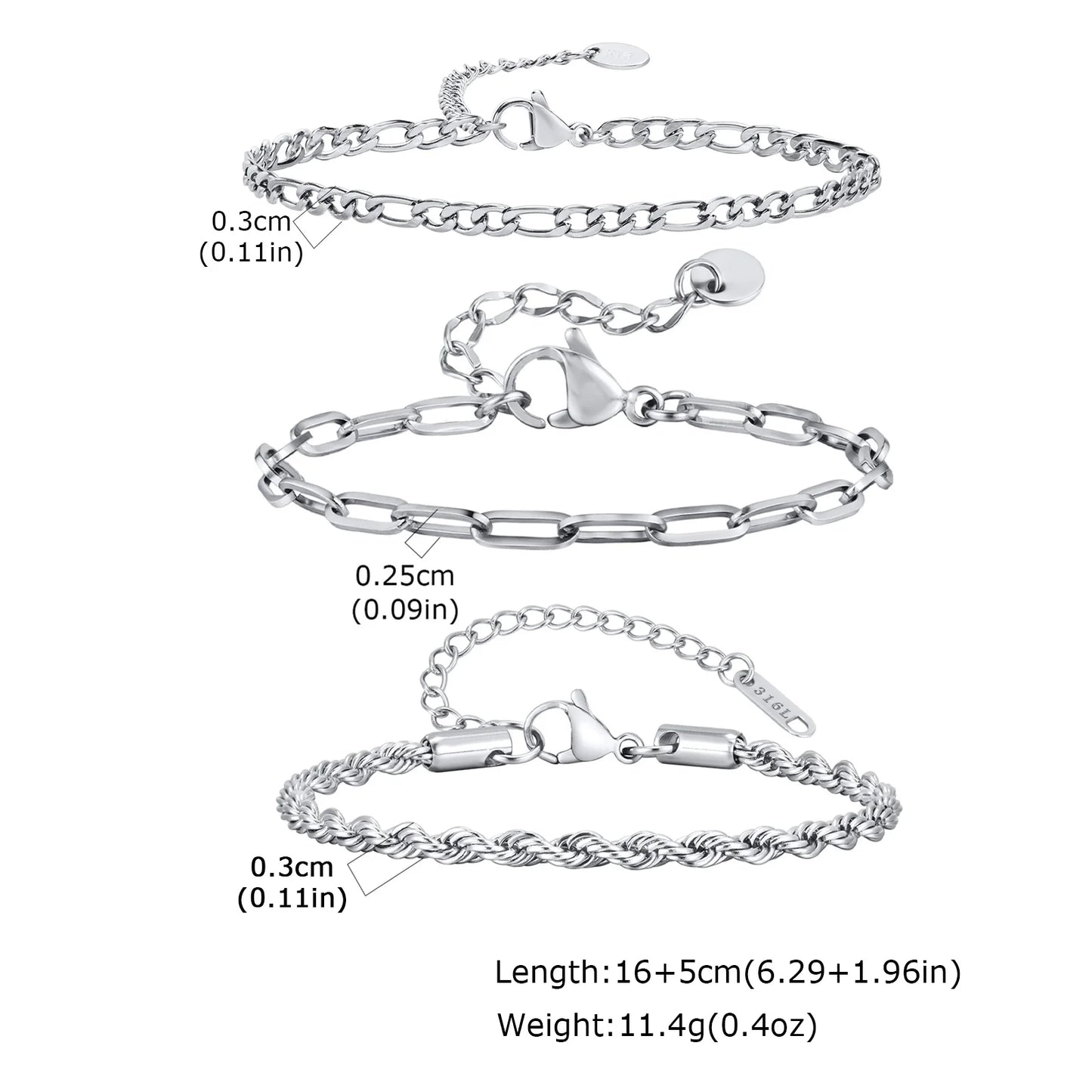 3pcs Men Thin Chain Bracelet,Never Fade Silver Color Twist Chain Wristband,Stylish Punk Jewelry Gift for Husband Father Son