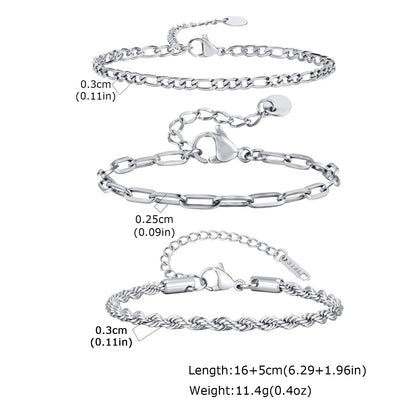3pcs Men Thin Chain Bracelet,Never Fade Silver Color Twist Chain Wristband,Stylish Punk Jewelry Gift for Husband Father Son