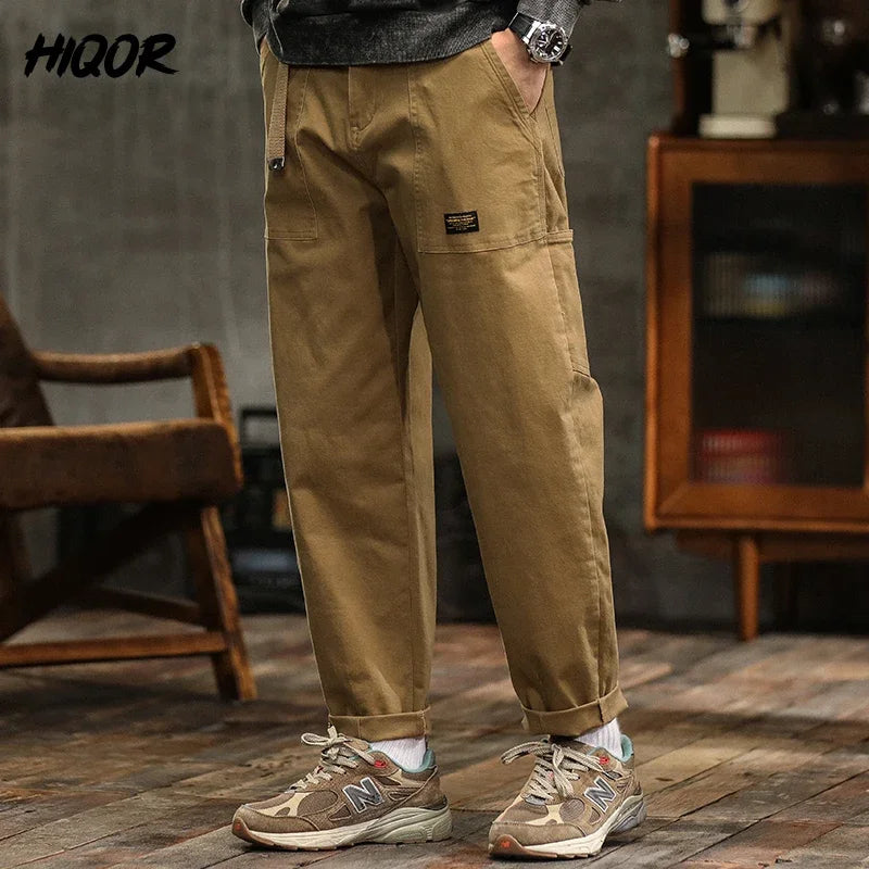 HIQOR Men's Loose Profile Pants American Vintage Trousers For Men High Waist Army Green Men's Casual Pants Cargo Trousers Male
