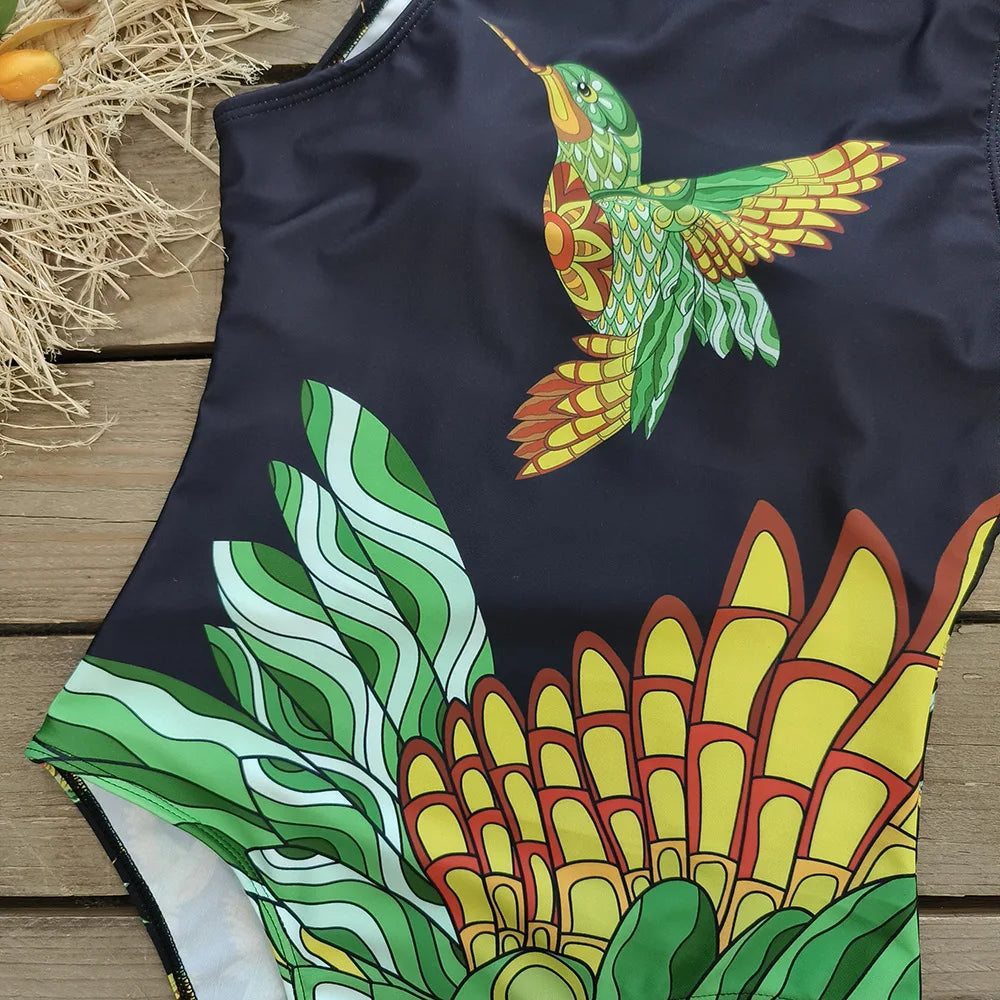 2026 New Printed One-piece Swimsuit Classic Printed Lace Up Swimsuit Women's Push Up Flower One-piece Suit Beach Wear For Female