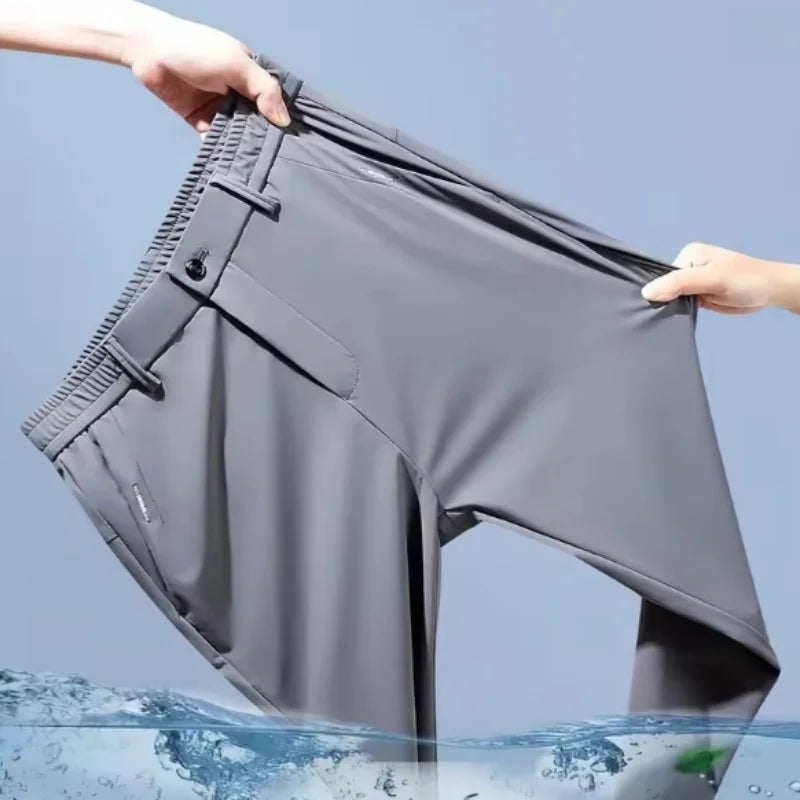 Ice Silk Male Pants 2026 Summer New Black Gray Thin Business Casual Pants Outdoor Elastic Breathable Straight Leg Sweatpants
