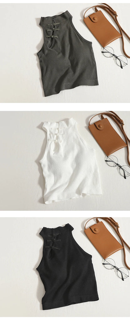ITOOLIN Women Vintage Chinese Button Tank Tops With Bra Pad Halter Tops O-Neck Elegant Crop Tops Off Shoulder Tops For Women
