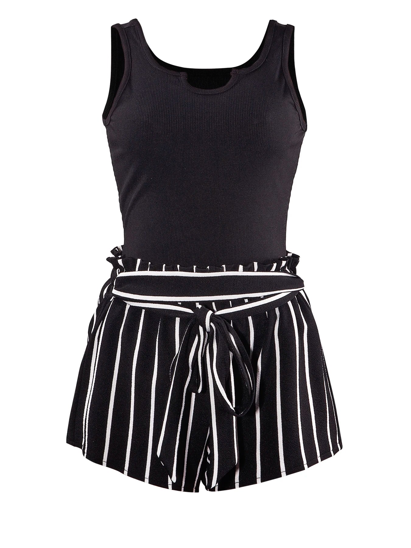 Women's Ribbed Crop Sleeveless Tank Top & Striped Print Belted Bag Waist Shorts SetFitted Comfort Scoop Neck Crop Tank & Shorts