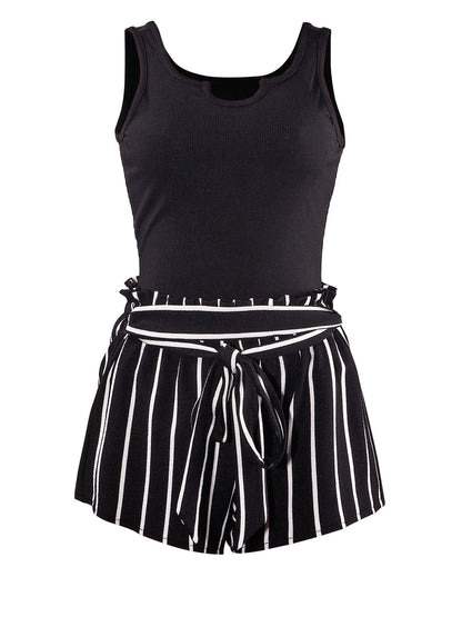 Women's Ribbed Crop Sleeveless Tank Top & Striped Print Belted Bag Waist Shorts SetFitted Comfort Scoop Neck Crop Tank & Shorts