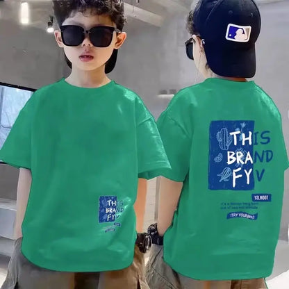 Summer children's casual letter printed T-shirt, summer 100% pure cotton round neck short sleeved T-shirt top