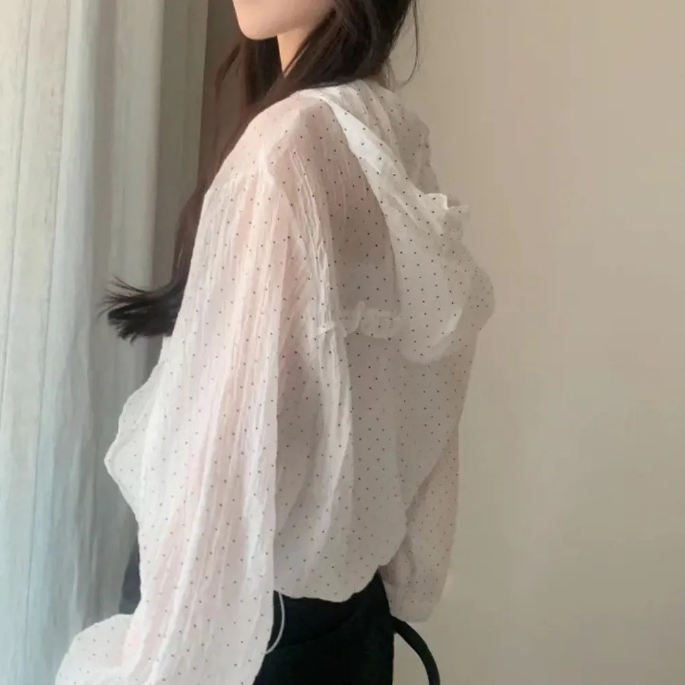 Casual Polka Dot Sun Protection Jacket Loose Fit Thin Hooded Jacket Breathable Long Bubble Sleeve Quick Dry Jacket