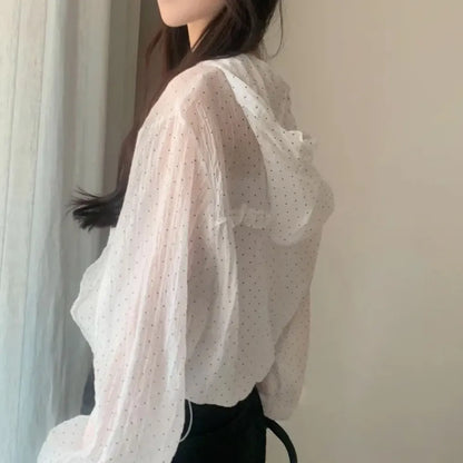 Casual Polka Dot Sun Protection Jacket Loose Fit Thin Hooded Jacket Breathable Long Bubble Sleeve Quick Dry Jacket