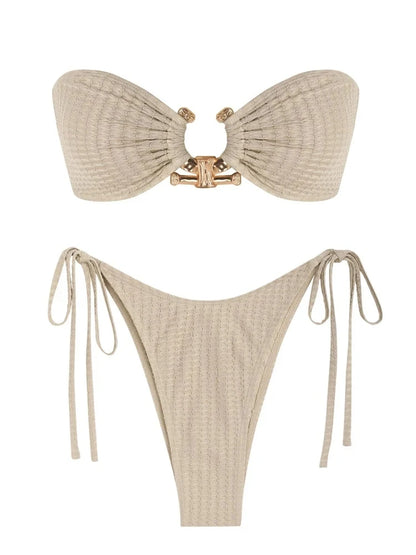 Shiny O Ring Bandeau Bikini - Womens Low Waisted Swimsuit with Padded Bra - ZOOMNSTORE