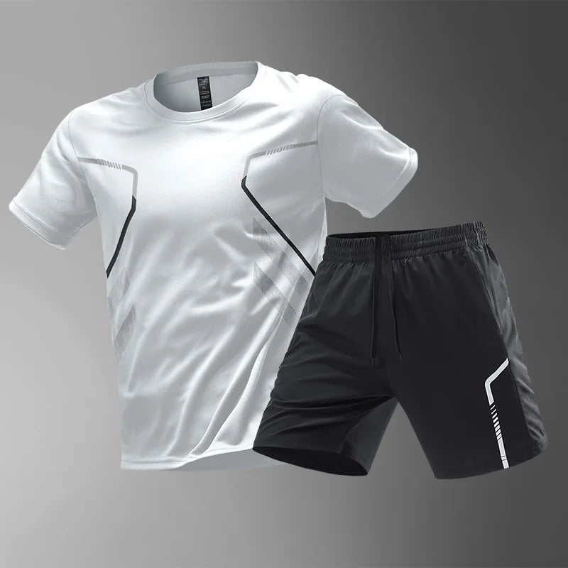 Men's Quick Drying Running Set – Breathable Polyester Shirt & Elastic Hiking Shorts for Outdoor Sports