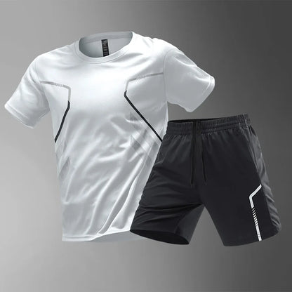 Men's Quick Drying Running Set – Breathable Polyester Shirt & Elastic Hiking Shorts for Outdoor Sports