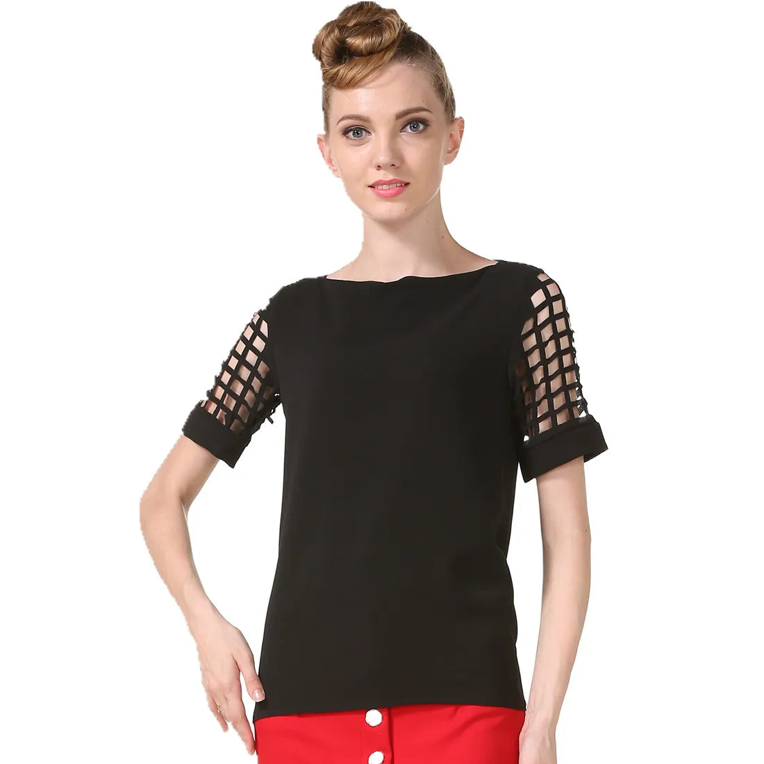 Summer Fashion Women Blouses & Shirts Hollow Out Sleeve Slash Neck Chiffon Blouse Plus Size