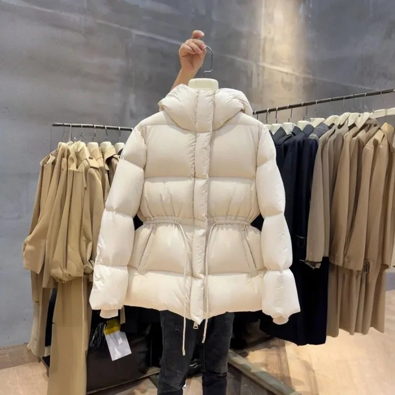 Winter Fashion Hooded Cotton Coat for Women 2025 Slim Fit Padded Jacket with Belted Waist Casual Thick Warm Outerwear Trendy Sim