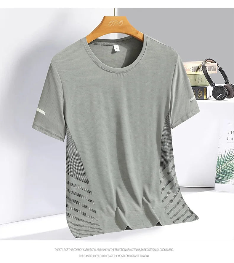 Running T-shirt Men Summer Ice Silk Thin Top Reflective Printing Quick Dry Short Sleeve Breathable Fitness Sports T-shirt 5XL