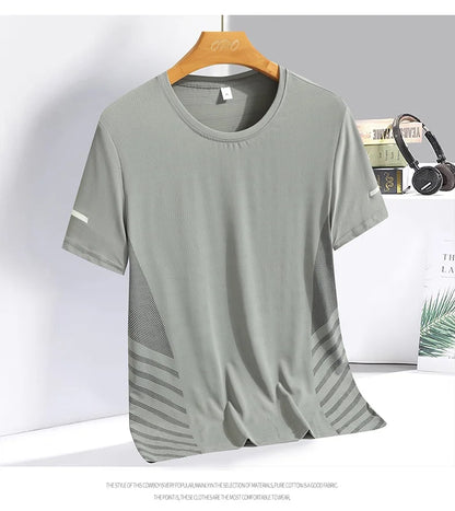 Running T-shirt Men Summer Ice Silk Thin Top Reflective Printing Quick Dry Short Sleeve Breathable Fitness Sports T-shirt 5XL