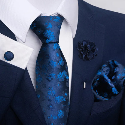 Luxury Mens Floral Black Gold Tie Set - Paisley Necktie Pocket Square Cufflinks  Brooch for Weddings and Parties
