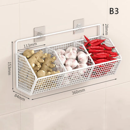 Wall Mounted Storage Rack - Multi Compartment Kitchen Shelf for Onion, Ginger & Garlic Organizer
