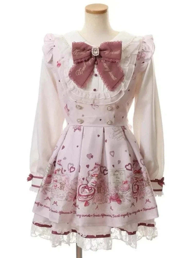 Japanese Y2 Aesthetics Vintage Bow Dress Shorts Set Women Gothic Lolita Style Long Sleeve Shirt Dress Elegant Party Dress Suits