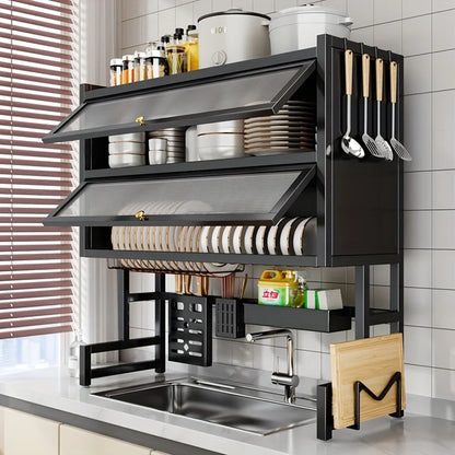 Dish Rack with Utensil Holder for Sink - Dustproof Carbon Steel Organizer for Plates/Bowls/Cutting Boards |   Space Kitchen