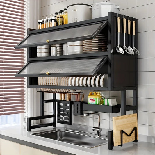 Dish Rack with Utensil Holder for Sink - Dustproof Carbon Steel Organizer for Plates/Bowls/Cutting Boards |   Space Kitchen