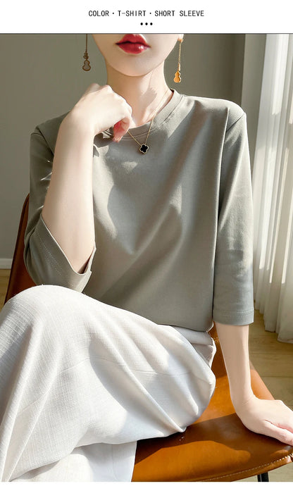 Summer Cotton Short-Sleeved T-Shirt Women's Round Neck Seven-Point Sleeves Loose Mercerized Cotton Half-Sleeve Shirt New T-shirt