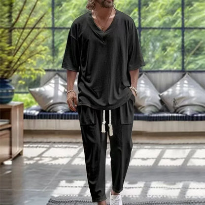 Summer Casual Trousers Set Cotton Linen 2 Piece Men's V-neck Short Sleeve T-shirt and Pants Hawaiian Beach Cotton and linen Set