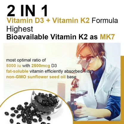Vitamin D3 + K2 MK-7 - D3 Vitamin Supplement, 2 in 1 Supports Immune, Heart, Joint, Dental & Bone Health - Easily Absorbed