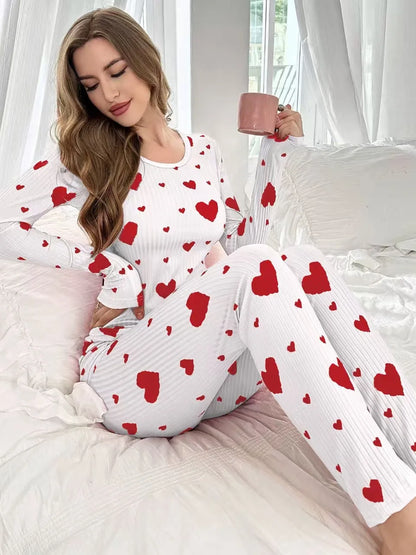 Women's Autumn Winter Pyjama Set, Heart Print Long Sleeve T-shirt and Long Pants Set Loungewear Female Sleepwear