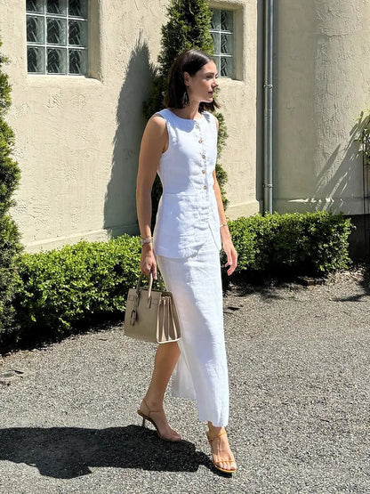 Bornladies Women's Sleeveless Vest High Waisted Skirt Set Spring Summer New Linen Casual Suit Fashion Office Lady Vest Set